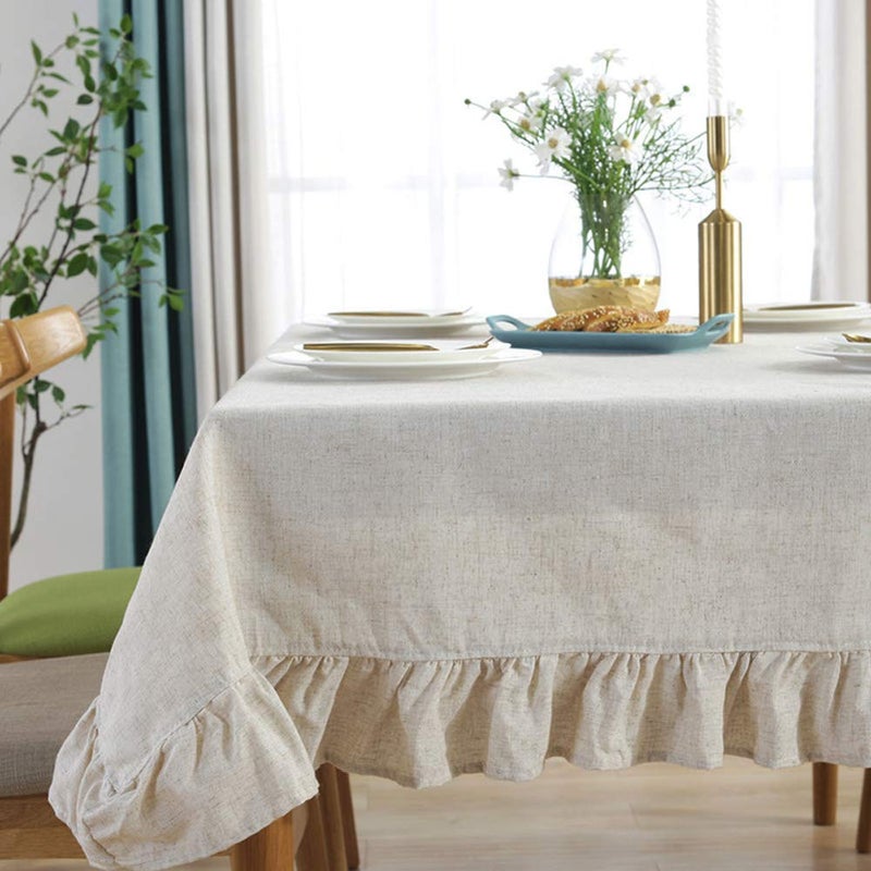 AMZALI Cotton Linen Tablecloth Flounces Fabric Dust-Proof Table Cover for Kitchen Dinner Picnic Table Cloth Tabletop Buffet Home Decoration (Rectangle/Oblong, 55 x 102 Inch, Linen) - Image 1